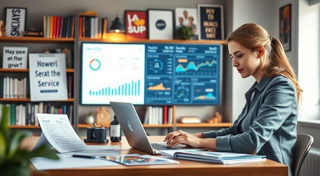 A focused workspace showcasing SEO services for small businesses. In the foreground, a professional businesswoman in smart casual attire sits at a desk, analyzing data on a laptop surrounded by SEO-related materials like keyword lists and performance graphs. In the middle ground, a vibrant digital dashboard displays analytics and search rankings, illuminated by soft, focused lighting that highlights the information. The background features a cozy office setting with bookshelves filled with marketing books and motivational posters on the wall, creating an inspiring atmosphere. The scene conveys determination and clarity, emphasizing goal setting in SEO. Use a warm, inviting color palette, and ensure the image feels professional yet accessible.