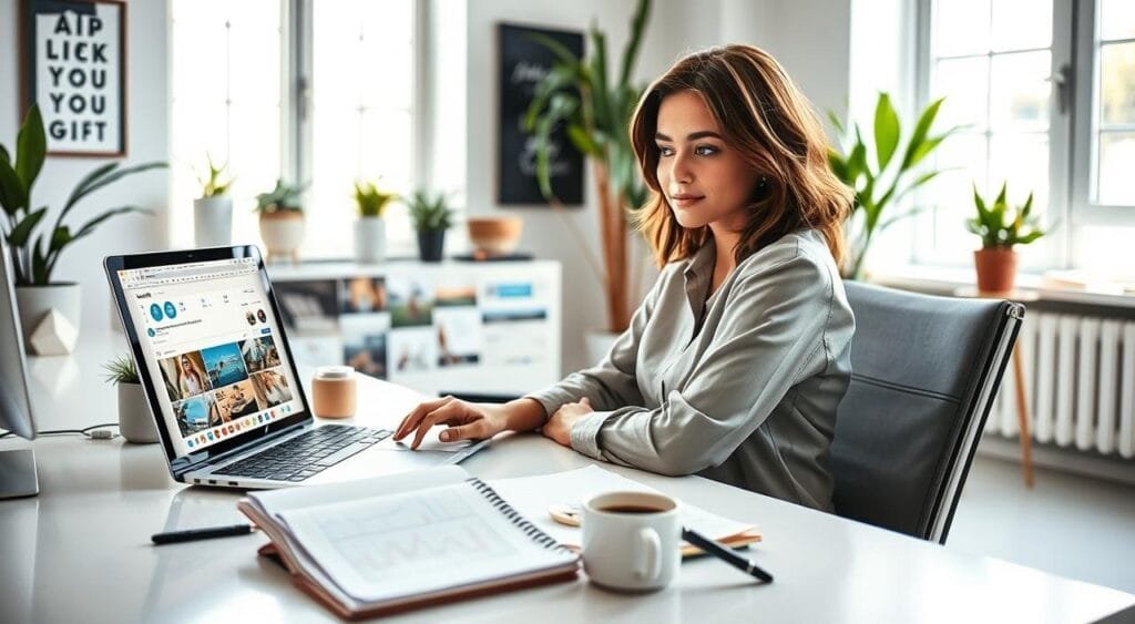 A focused young freelancer sits at a modern desk, surrounded by a laptop open to various social media platforms showcasing portfolio work, vibrant images, and analytics. In the foreground, a notepad filled with creative ideas and sketches lies next to a coffee cup, symbolizing brainstorming. The middle background features a bright, well-lit room with plants and motivational posters, creating an energetic atmosphere. Soft, natural light filters in through a window, illuminating her professional attire of a smart blouse and tailored pants, reflecting a confident yet approachable demeanor. The camera is angled slightly from the side, offering a dynamic perspective that conveys productivity and creativity. The overall mood is inspiring and professional, capturing the essence of social media management in a freelance context.