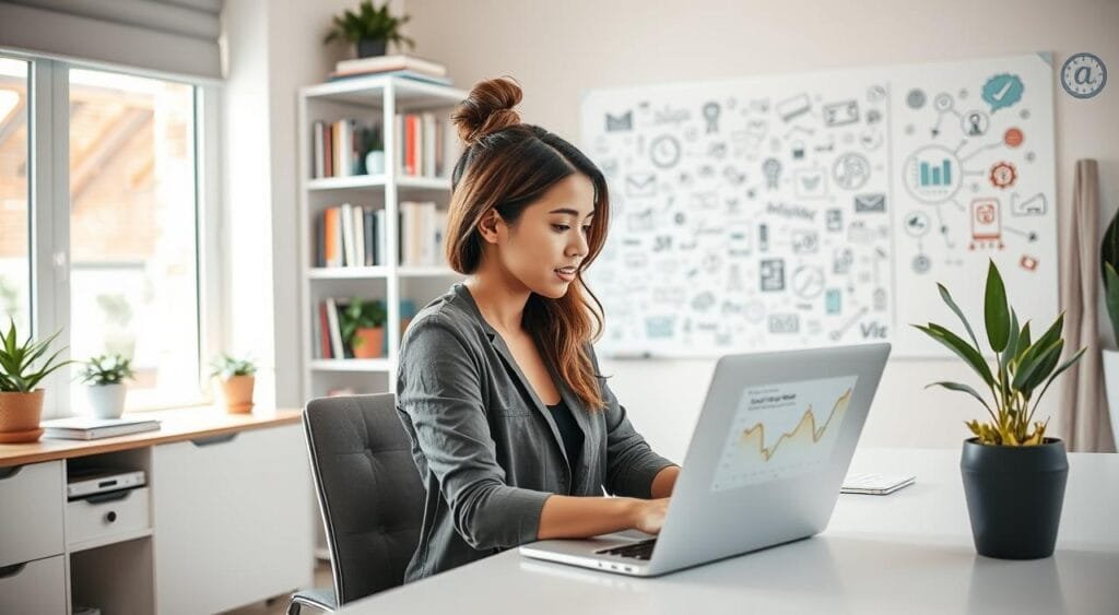 A freelance social media strategist sitting at a modern desk, in a well-lit, stylish home office. In the foreground, a focused woman in smart casual attire, using a laptop, analyzing data on a colorful graph on the screen. Bright natural light floods the room, highlighting her thoughtful expression. In the middle background, shelves filled with books on marketing and social media strategies, along with plants for a touch of greenery. A whiteboard covered with creative ideas and social media icons can be seen, conveying a sense of active brainstorming. The scene should evoke a feeling of productivity and professionalism, with a clean, organized space that reflects a modern freelance lifestyle.