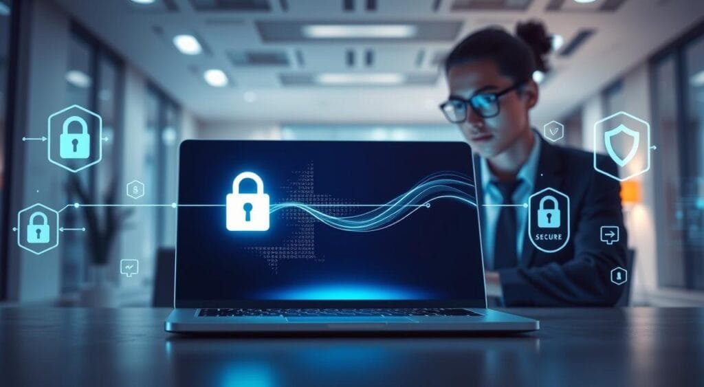A high-tech digital scene illustrating secure online transactions. In the foreground, a sleek laptop with a glowing screen displaying a padlock symbol, symbolizing security. A professional business person in smart attire focuses on the screen, demonstrating user-friendly payment processing. The middle layer features swirling, semi-transparent data streams representing encrypted information moving between devices. In the background, a modern office setting with soft ambient lighting casts a sense of calm and professionalism. Subtle animated elements like secure icons and firewall graphics enhance the atmosphere of safety. The overall mood is futuristic and trustworthy, emphasizing the importance of security measures for online payment processing.