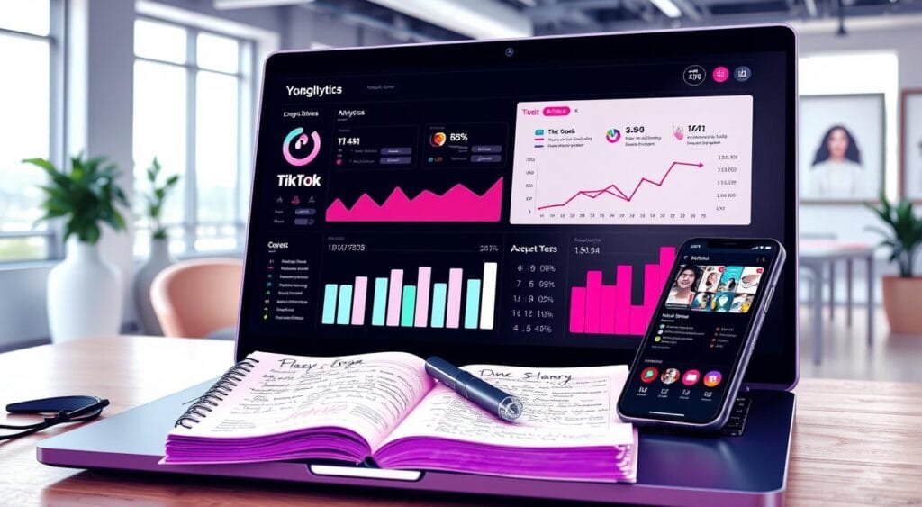 A highly detailed digital illustration of TikTok analytics displayed on a stylish laptop screen. In the foreground, the laptop shows colorful graphs and charts reflecting engagement metrics like views, likes, and shares, with vibrant TikTok branding colors of pink, black, and white. The middle layer features an open notebook filled with handwritten notes, a professional pen, and a smartphone showing the TikTok app interface. In the background, a softly lit modern office space with minimalist decor and large windows letting in natural light creates an inspiring atmosphere. The mood is focused and motivational, designed to illustrate the analytical process of improving TikTok performance organically.