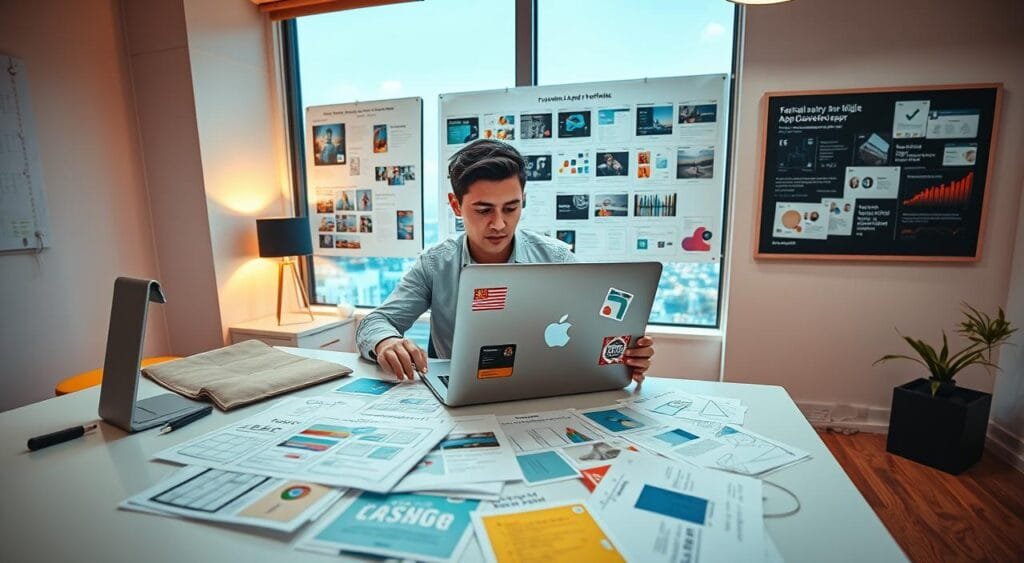 A mobile app developer for hire, sitting at a sleek modern desk, actively coding on a laptop adorned with various coding stickers. The developer is a young professional in a smart-casual outfit, looking focused yet approachable. In the foreground, colorful wireframes and sketches of app designs are scattered across the desk, showcasing creativity and organization. In the middle ground, a wall-mounted board features their impressive portfolio, including vibrant screenshots and user testimonials. The background is softly lit with warm lighting, giving a cozy atmosphere, while a large window reveals a bright, urban landscape outside, hinting at innovation and a bustling tech environment. The overall mood conveys professionalism, creativity, and expertise in app development.