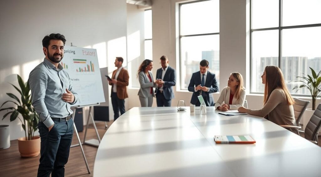 A modern, bright office space featuring a diverse group of professionals engaged in a discussion about pricing tutoring services. In the foreground, a confident tutor, dressed in smart casual attire, stands by a whiteboard filled with colorful charts and graphs showcasing different pricing strategies. The middle ground captures colleagues around a sleek conference table, analyzing market research and brainstorming ideas. The background reveals large windows with natural lighting flooding the room, creating an inviting atmosphere. Soft shadows add depth, while a warm color palette conveys professionalism and collaboration. The scene emphasizes dialogue and strategic planning, reflecting an effective approach to pricing tutoring services.