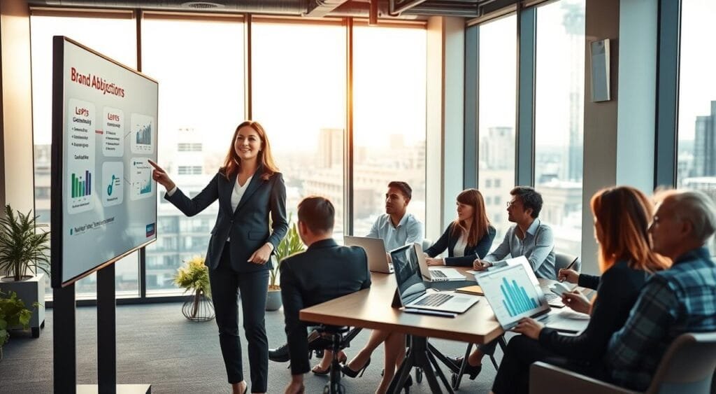 A modern corporate meeting room bustling with activity, featuring a diverse group of professionals in business attire collaborating on a brand ambassador campaign. In the foreground, a confident woman points at a digital presentation on a sleek monitor, displaying clear objectives and metrics. The middle ground includes a diverse team engaged in discussions, some taking notes, while others analyze charts and data on laptops, emphasizing effective collaboration. The background showcases large windows with city views, warm natural light streaming in, creating an inviting atmosphere. The overall mood is productive and focused, with a hint of excitement as ideas flow. Capture this scene from a slight low angle to enhance the dynamism and engagement of the setting. A modern corporate meeting room bustling with activity, featuring a diverse group of professionals in business attire collaborating on a brand ambassador campaign. In the foreground, a confident woman points at a digital presentation on a sleek monitor, displaying clear objectives and metrics. The middle ground includes a diverse team engaged in discussions, some taking notes, while others analyze charts and data on laptops, emphasizing effective collaboration. The background showcases large windows with city views, warm natural light streaming in, creating an inviting atmosphere. The overall mood is productive and focused, with a hint of excitement as ideas flow. Capture this scene from a slight low angle to enhance the dynamism and engagement of the setting.