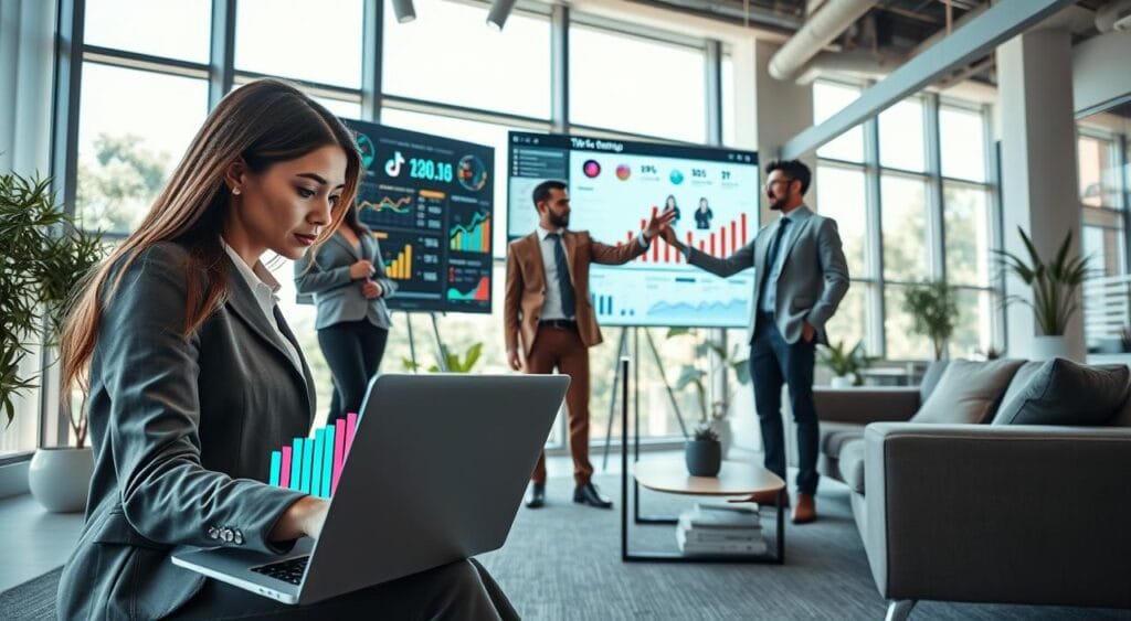 A modern digital workspace featuring a diverse group of professionals analyzing TikTok marketing analytics for e-commerce. In the foreground, a focused woman in professional attire studies vibrant charts and graphs on her laptop screen, while a man in casual business wear gestures towards a presentation board showcasing marketing metrics. The middle ground includes a large screen displaying TikTok interface analytics like engagement rates and audience demographics. In the background, a stylish office with sleek furniture and large windows allows natural light to illuminate the scene, creating an energetic and collaborative atmosphere. The camera angle captures the action from a slight low perspective, emphasizing the professionals' engagement and the digital tools, evoking a sense of innovation and teamwork in the e-commerce space.