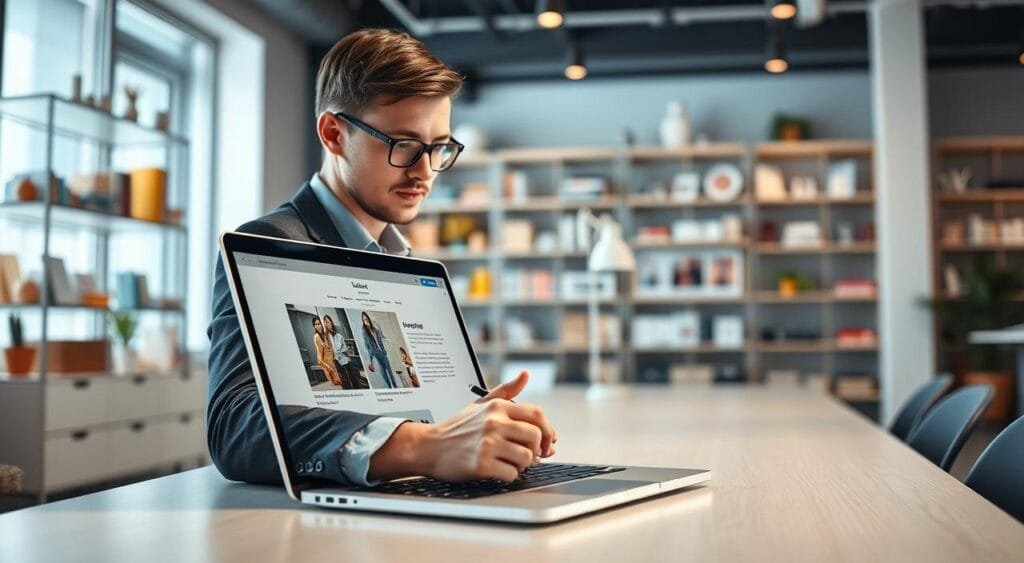 A modern digital workspace featuring an e-commerce product page on a sleek laptop screen. In the foreground, a professional person in smart casual attire, engaged in writing compelling product descriptions, gestures towards the screen, illustrating the importance of visuals and SEO optimization. The middle ground showcases various colorful product images and graphics, highlighting effective layouts. The background includes soft-focus shelves filled with products and a light, airy office environment, bathed in natural daylight from a nearby window, creating a bright and motivational atmosphere. Use a slightly elevated angle to capture the dynamic energy of the scene, emphasizing the fusion of technology and creativity in e-commerce success. A modern digital workspace featuring an e-commerce product page on a sleek laptop screen. In the foreground, a professional person in smart casual attire, engaged in writing compelling product descriptions, gestures towards the screen, illustrating the importance of visuals and SEO optimization. The middle ground showcases various colorful product images and graphics, highlighting effective layouts. The background includes soft-focus shelves filled with products and a light, airy office environment, bathed in natural daylight from a nearby window, creating a bright and motivational atmosphere. Use a slightly elevated angle to capture the dynamic energy of the scene, emphasizing the fusion of technology and creativity in e-commerce success.