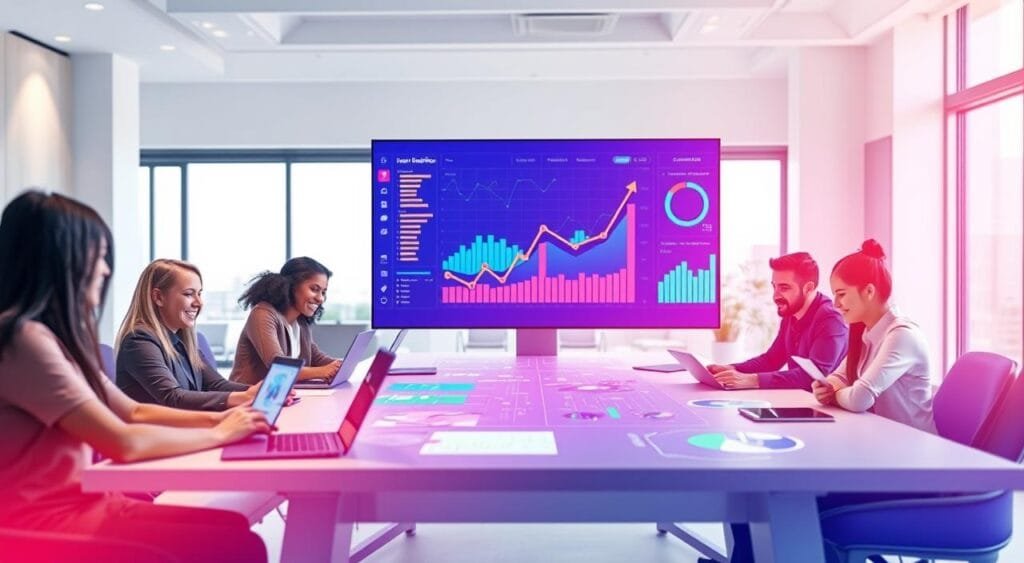 A modern digital workspace scene illustrating user behavior analysis. In the foreground, a diverse group of professionals in casual business attire collaborates around a large table, analyzing colorful visual data on laptops and tablets. In the middle, a large digital screen displays dynamic graphs and charts representative of website analytics, with arrows and icons showcasing user engagement metrics. The background features a bright, well-lit office with large windows, suggesting a productive atmosphere. Soft, ambient lighting creates a friendly, focused mood. The camera angle is slightly elevated, providing a clear view of the collaborative effort, emphasizing teamwork and data-driven decisions. The overall color palette is vibrant yet professional, conveying the importance of enhancing user engagement through analytics.