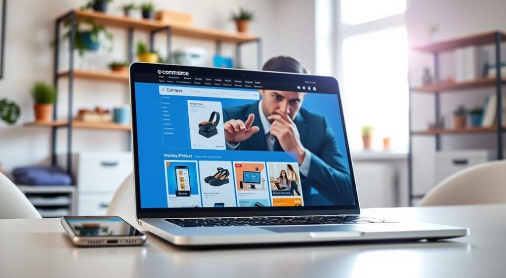 A modern e-commerce product page displayed on a laptop screen in a bright, inviting office setting, showcasing an optimized product interface. In the foreground, the laptop is placed on a sleek desk with a smartphone beside it, both exhibiting vibrant and engaging product images. The middle layer features a thoughtful professional, wearing business attire, reviewing the product page, while focusing on attractive layouts and easy navigation elements. The background includes soft natural light streaming through a window, casting a warm glow and highlighting potted plants and organizational tools on the shelves. The atmosphere is one of productivity and innovation, emphasizing the importance of user-friendly design for higher conversions.