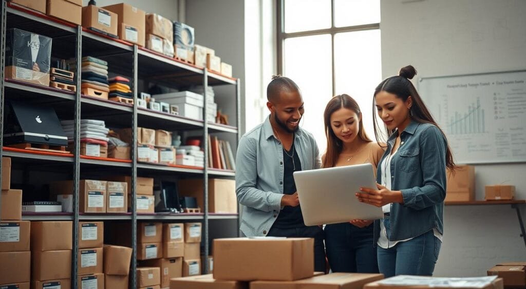 A modern e-commerce workspace focused on managing inventory for a profitable online shop. In the foreground, a diverse team of three professionals in smart casual attire collaborate over a laptop, analyzing data and discussing inventory management strategies. The middle ground features a well-organized shelving unit packed with neatly labeled boxes and products, showcasing a variety of items like electronics, clothing, and accessories. Soft, natural light filters through a large window, illuminating the space and creating a warm, inviting atmosphere. In the background, a whiteboard filled with strategic plans and graphs emphasizes the focus on fulfillment efficiency. The angle is a dynamic three-quarters view, capturing both the team’s engagement and the organized inventory, encapsulating the essence of successful online shop operations.