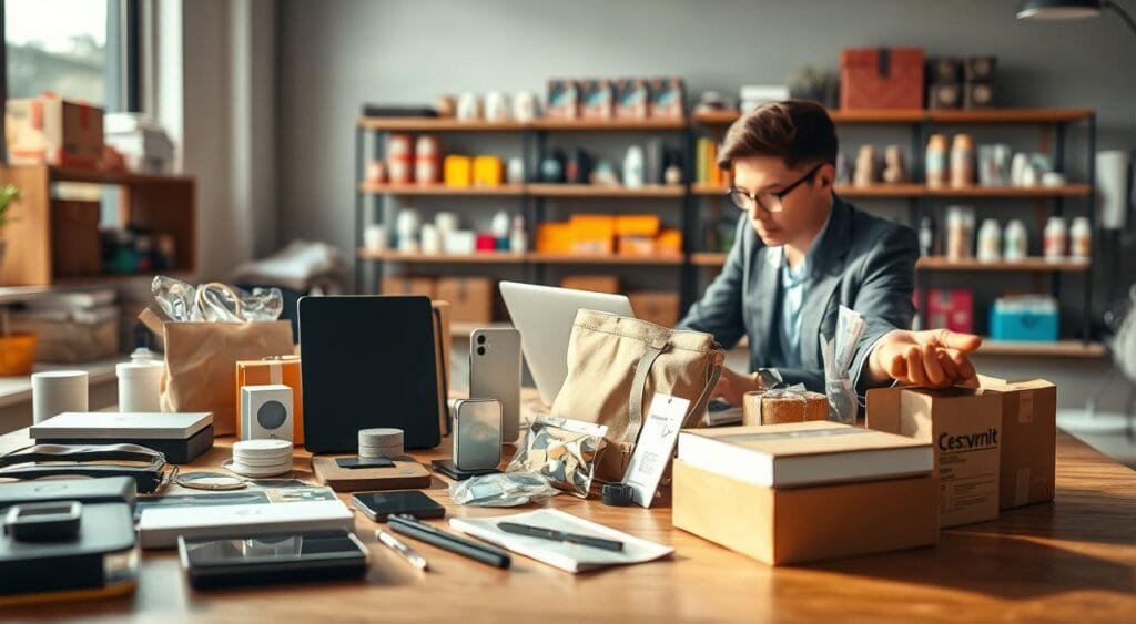 A modern e-commerce workspace showcasing high-demand products. In the foreground, neatly arranged on a stylish wooden desk, are an array of popular items such as sleek electronics, trendy fashion accessories, and eco-friendly packaging materials, all catching soft, natural daylight from a nearby window. In the middle ground, a focused individual, dressed in professional business attire, is analyzing product data on a laptop, with graphs and analytics visible on the screen. In the background, vibrant shelves displaying more diverse products hint at the variety available through e-commerce platforms. The atmosphere is dynamic yet organized, emphasizing themes of innovation and opportunity, all captured with a shallow depth of field to keep the focus on the products and the individual’s concentration, providing a clear representation of success in online retail.
