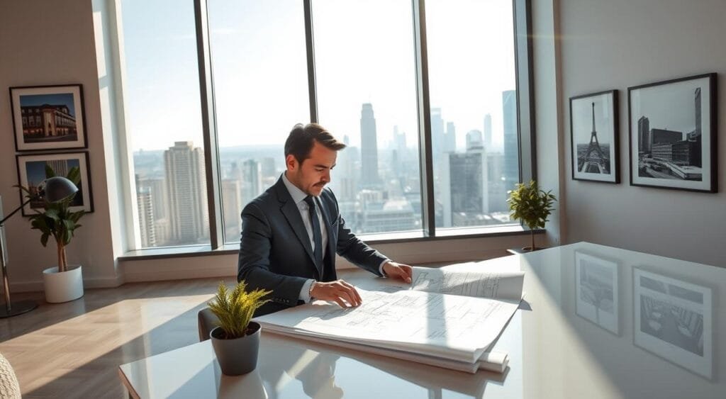 A modern, elegant office space with large windows showcasing a city skyline in the background. In the foreground, a professional-looking individual in business attire is studying architectural blueprints on a sleek desk. Natural sunlight floods the room, creating a warm and inviting atmosphere. A small potted plant adds a touch of greenery to the workspace. On the wall behind, framed pictures of successful real estate projects reflect success and inspiration. The composition is well-balanced, focusing on the subject while hinting at the bustling life outside. The camera angle is slightly elevated, providing a clear view of the workspace and the skyline beyond, evoking a sense of opportunity and ambition in real estate investments.