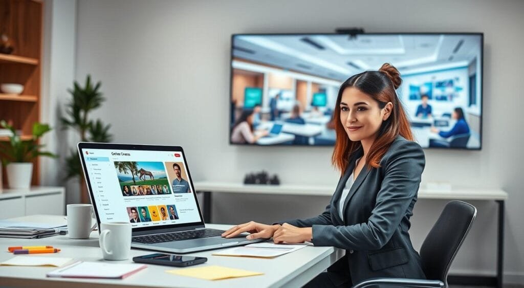 A modern, engaging workspace depicting a professional setting for selling online courses. In the foreground, a confident woman in smart business attire is working on a laptop, showcasing a vibrant online course dashboard. The middle layer features a sleek desk with colorful notes, a smartphone, and a coffee cup, symbolizing productivity and creativity. In the background, a large screen displays dynamic visuals of a virtual classroom with students engaged, conveying the future of online learning. Soft, natural lighting illuminates the scene, creating a warm and inviting atmosphere. The composition is shot from a slight angle, giving depth to the workspace and highlighting the fusion of technology and education.