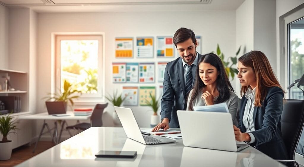 A modern freelance tutoring scene featuring a diverse group of professionals in a bright, well-organized home office. In the foreground, a young woman in smart casual attire sits at a sleek desk, attentively reviewing notes on her laptop, while a male tutor, dressed in business attire, stands beside her, presenting educational materials. In the middle ground, a wall display shows colorful educational posters, highlighting various subjects like math and science. The background features a large window with soft, natural light streaming in, and greenery visible outside, creating a fresh, inviting atmosphere. The image captures a collaborative and engaging environment, symbolizing the essence of freelance tutoring services in a modern context. Use warm lighting to enhance approachability and professionalism.