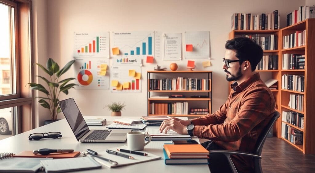 A modern freelance workspace, emphasizing essential freelance skills. In the foreground, a focused individual, dressed in smart casual attire, is typing on a laptop at a stylish desk cluttered with notebooks, a coffee mug, and tech gadgets. A large window behind them lets in soft, natural light, highlighting the creative atmosphere. In the middle ground, colorful charts and graphs illustrating growth can be seen on the wall, alongside post-it notes with task reminders. In the background, an inviting bookshelf filled with business and self-development books sets a professional tone. The entire scene is bathed in warm lighting, creating a mood of productivity and inspiration, symbolizing the establishment of a successful freelance business.