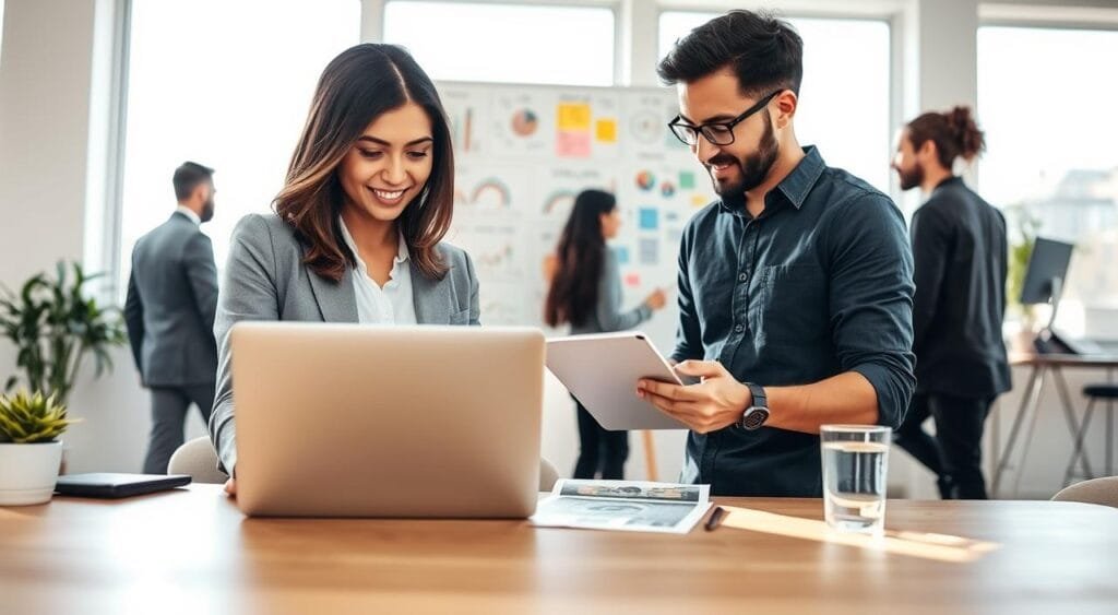 A modern freelance workspace with a diverse group of professionals collaborating enthusiastically. In the foreground, a confident young woman in smart business attire analyzes data on a laptop, while a focused man in casual yet professional clothing discusses strategies with her. In the middle ground, a large whiteboard filled with colorful charts and brainstorming notes illustrates ideas for maximizing earnings on freelancing platforms. The background features large windows with bright, natural light streaming in, creating an uplifting atmosphere. Soft shadows accent the workspace, hinting at a productive and inspiring environment. The scene conveys a sense of teamwork, ambition, and creativity, reflecting the proactive approach to freelance success. The angle is slightly elevated, providing a comprehensive view of the workspace dynamics.