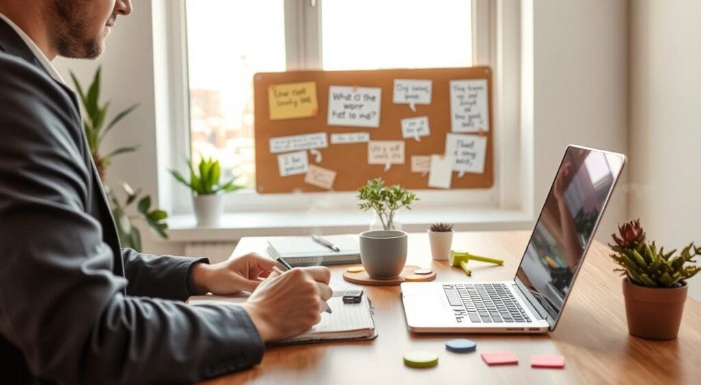 A modern freelance writer's workspace designed to illustrate tips for maintaining client relationships. In the foreground, a focused individual in smart casual attire types on a laptop while making notes in a notebook. Their desk is neatly arranged with a steaming cup of coffee, colorful sticky notes, and a potted plant, indicating a creative environment. In the middle, a corkboard is filled with pinned client feedback and inspiring quotes, symbolizing connection and collaboration. In the background, a softly lit room with a window showing a bright urban landscape creates a positive and uplifting atmosphere. The lighting is warm and inviting, suggesting an organized yet relaxed workspace that promotes productivity and client communication. The angle captures a side view of the desk, enhancing the sense of immersion in the freelance writing process.