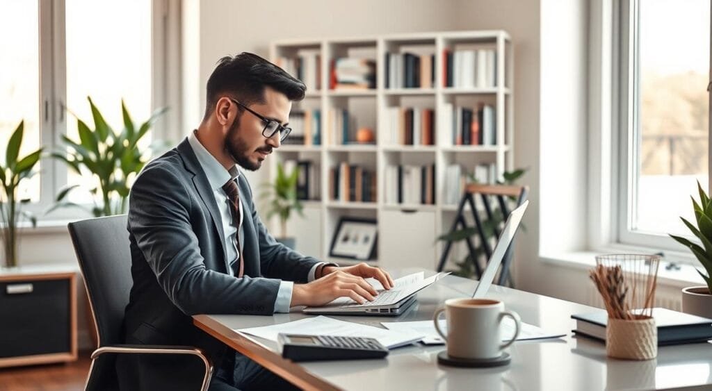A modern home office scene depicting a freelancer engaged in financial reporting. In the foreground, a focused individual in professional business attire is seated at a sleek desk, working intently on a laptop surrounded by essential accounting software. On the desk are organized financial documents, a calculator, and a stylish coffee mug. In the middle ground, a bookshelf filled with accounting books and resources hints at a wealth of knowledge. The background features large windows allowing natural light to flood the space, creating a bright and inspiring atmosphere. Soft-focus plants add a touch of warmth to the room. The mood is productive and professional, emphasizing the hustle of freelance accounting work.