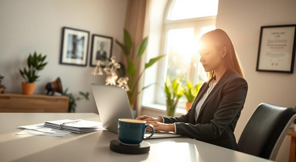 A modern home office scene depicting remote legal work. In the foreground, a professional woman in smart business attire sits at a sleek desk, focused on her laptop screen. Papers and a legal document are neatly organized beside her, while a stylish mug of coffee steams gently. In the middle ground, a large window reveals a bright, sunny day, with soft natural light gently illuminating the space. On a nearby wall, a framed certificate hints at her legal expertise. In the background, a few green plants add a touch of calmness to the room. The atmosphere is productive and serene, reflecting an efficient legal productivity vibe, captured with a soft-focus lens and warm lighting to enhance the inviting mood.