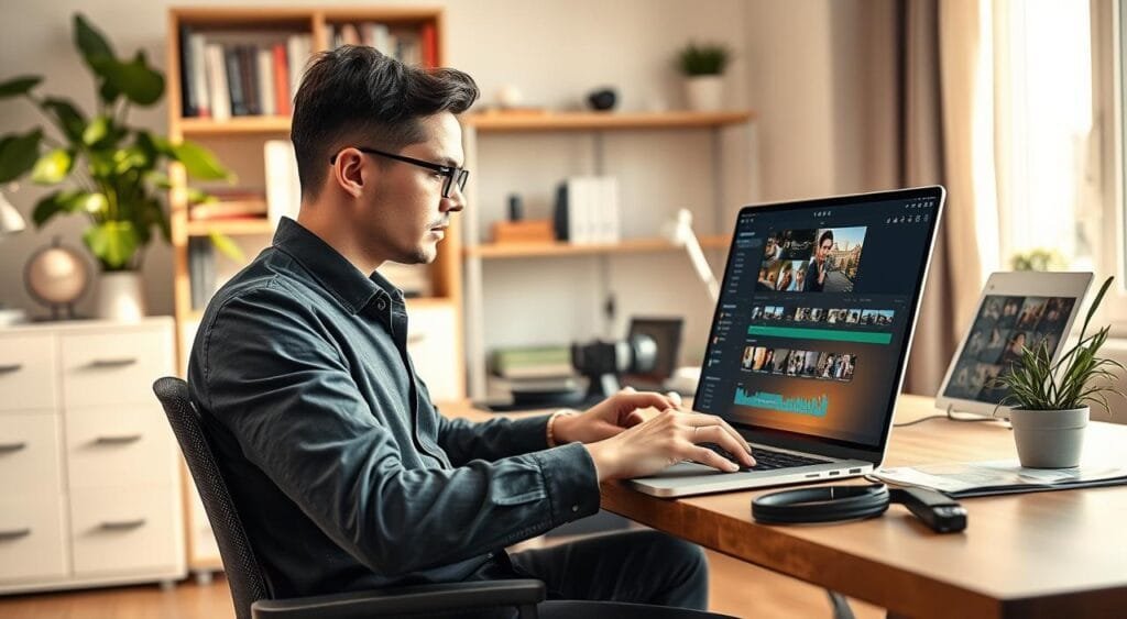 A modern home office setting showcasing a video editing service in action. In the foreground, a focused freelancer, dressed in smart casual attire, is intently working on a high-resolution laptop with video editing software open on the screen, displaying a timeline filled with clips. The middle ground features a clutter-free desk adorned with editing tools, such as headphones, a camera, and color grading charts. The background is softly blurred, revealing a well-organized workspace with a bookshelf filled with film books and a potted plant for a touch of greenery. Warm, natural light streams through a window, creating an inviting atmosphere. The overall mood is productive and professional, emphasizing creativity and focus in the freelance video editing process.