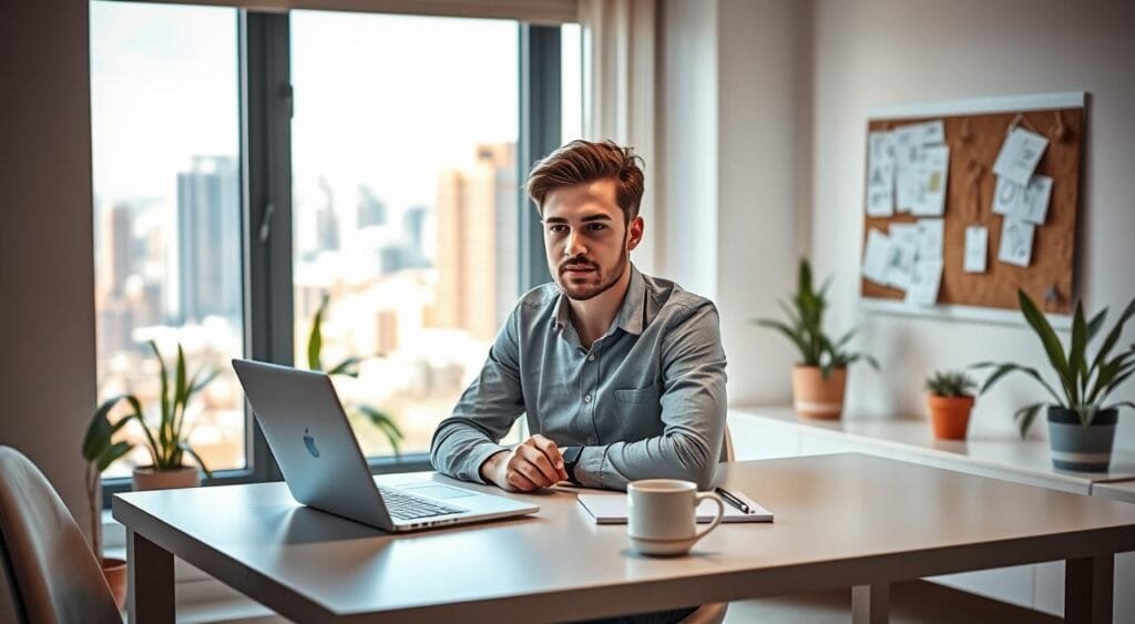 A modern home office setting with a clean, minimalistic design. In the foreground, a focused young professional, wearing smart casual attire, is seated at a sleek desk with a laptop open, showcasing a UX/UI design interface. On the desk, a notepad and a coffee cup suggest a productive workspace. In the middle ground, a large window reveals a vibrant cityscape, allowing natural light to filter in and create a bright atmosphere. The background features potted plants and design sketches pinned to a corkboard, emphasizing creativity and innovation. The mood is inspiring and dynamic, ideal for networking and growing a freelance career, with soft, warm lighting to enhance the welcoming feel of the workspace.