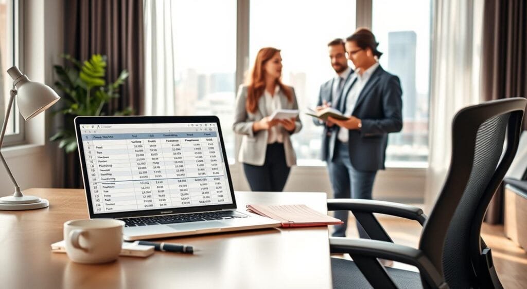 A modern home office setting with a stylish desk and ergonomic chair in the foreground, featuring a laptop open to a financial spreadsheet displaying rates. A neatly organized planner and a cup of coffee sit beside the laptop. In the middle ground, a diverse group of three professionals in business attire discusses ideas, each holding a notepad. A large window in the background allows natural light to flood the room, casting soft shadows, with a view of a city skyline. The mood is focused and collaborative, emphasizing productivity and professionalism in virtual assistant services. The image captures the essence of setting rates for freelance work, highlighting calculation, negotiation, and professional growth. A modern home office setting with a stylish desk and ergonomic chair in the foreground, featuring a laptop open to a financial spreadsheet displaying rates. A neatly organized planner and a cup of coffee sit beside the laptop. In the middle ground, a diverse group of three professionals in business attire discusses ideas, each holding a notepad. A large window in the background allows natural light to flood the room, casting soft shadows, with a view of a city skyline. The mood is focused and collaborative, emphasizing productivity and professionalism in virtual assistant services. The image captures the essence of setting rates for freelance work, highlighting calculation, negotiation, and professional growth.