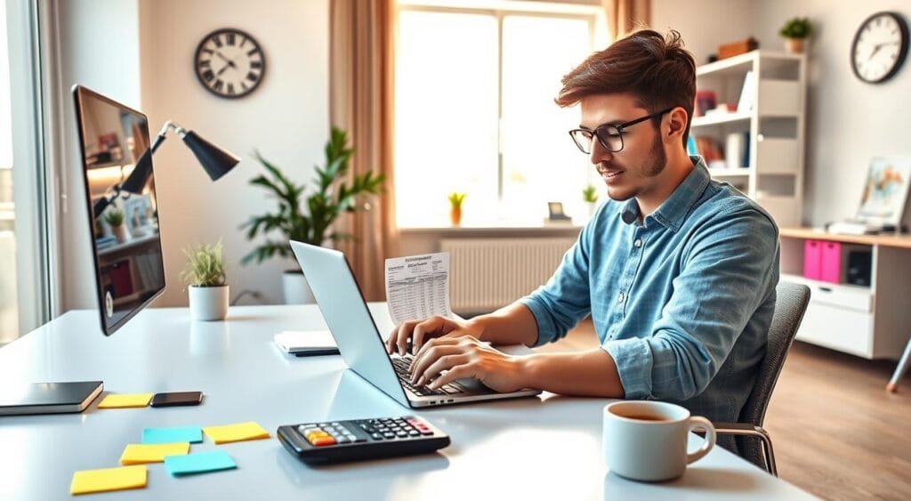 A modern home office setup featuring a young freelancer seated at a sleek desk with a laptop open, analyzing finances on a spreadsheet. The foreground includes a neatly organized workspace with colorful sticky notes, a calculator, and a coffee mug. In the middle ground, a large window lets in soft, natural light, illuminating the space and creating a warm atmosphere. A potted plant adds a touch of greenery, while a wall clock shows the time, emphasizing productivity. In the background, shelves with books and business materials convey a sense of professionalism. The scene evokes a sense of focus and calm, ideal for managing finances as a freelancer. The overall mood is positive and inspiring, showcasing the freelance lifestyle.