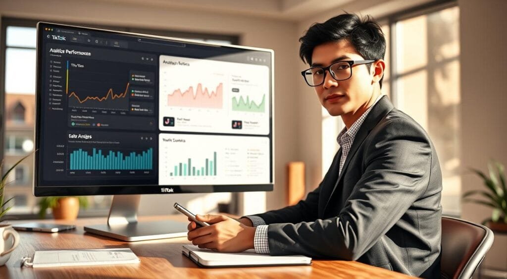 A modern home office with a sleek, minimalistic design, featuring a large computer monitor displaying analytics charts and TikTok performance statistics. In the foreground, a confident individual in smart casual attire is focused on analyzing data. The person has short black hair, wears glasses, and is seated at a wooden desk, surrounded by notebooks, a smartphone with the TikTok app open, and a coffee mug. The background includes a large window with natural light streaming in, enhancing the productive atmosphere. Soft shadows create a warm and inviting mood. The angle is from a slightly elevated perspective, highlighting both the individual and the detailed performance metrics on the screen.