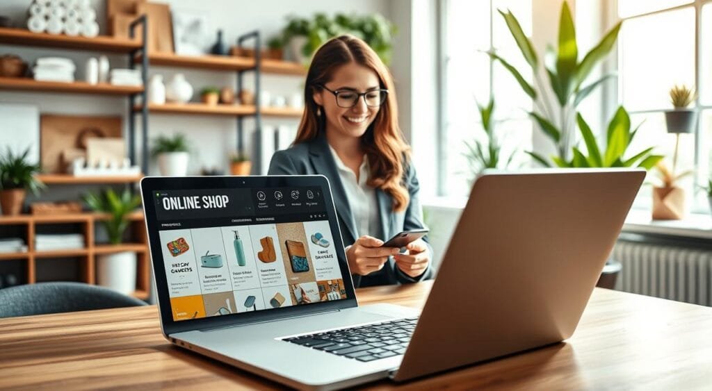 A modern, inviting online shop interface displayed on a sleek laptop, placed on a stylish wooden desk. The foreground features a well-organized product catalog with diverse items like handmade crafts, tech gadgets, and organic skincare products, each clearly visible. In the middle, a professional, focused businesswoman in smart casual attire reviews product listings on the laptop, with a warm smile. Soft, natural light filters in from a nearby window, creating a cheerful and productive atmosphere. The background showcases shelves filled with neatly arranged products and vibrant greenery, enhancing the appeal of an online shopping experience. The focal point is the balance between technology and an inviting workspace, capturing the essence of starting a successful online store in 2026.
