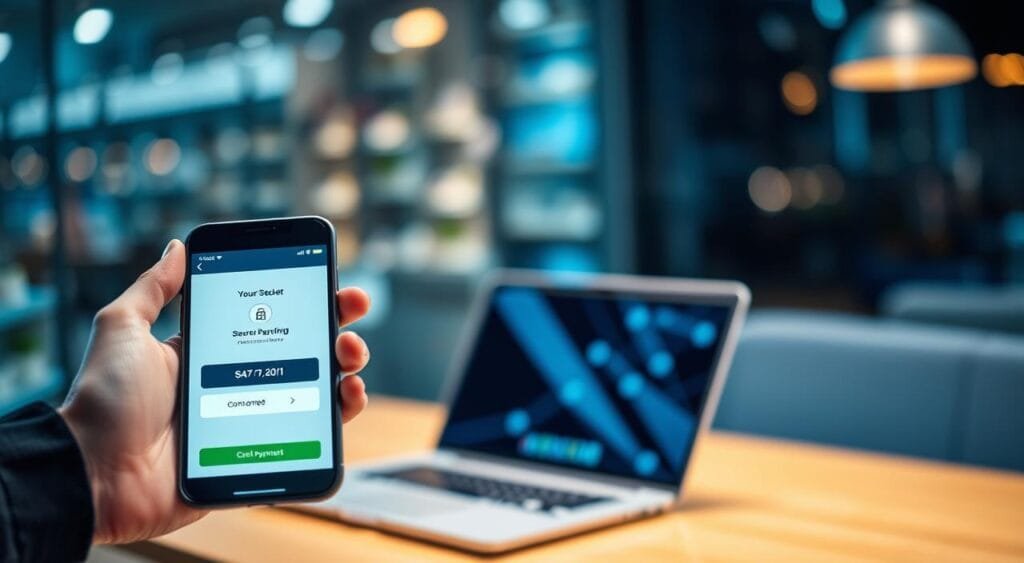 A modern mobile payment scenario, focusing on a smartphone displaying a secure payment interface. In the foreground, a hand reaches for the phone, showcasing a user-friendly application with a transaction confirmation screen. The middle layer features a sleek, stylish laptop open on a desk, symbolizing an integrated e-commerce environment. In the background, soft bokeh lights create a tech-savvy ambiance, hinting at a bustling online marketplace. The lighting is bright yet soft, enhancing the color palette of blues and greens that evoke trust and security. The mood is professional and optimistic, reflecting the convenience and confidence of secure online transactions in e-commerce. No text or logos are present.