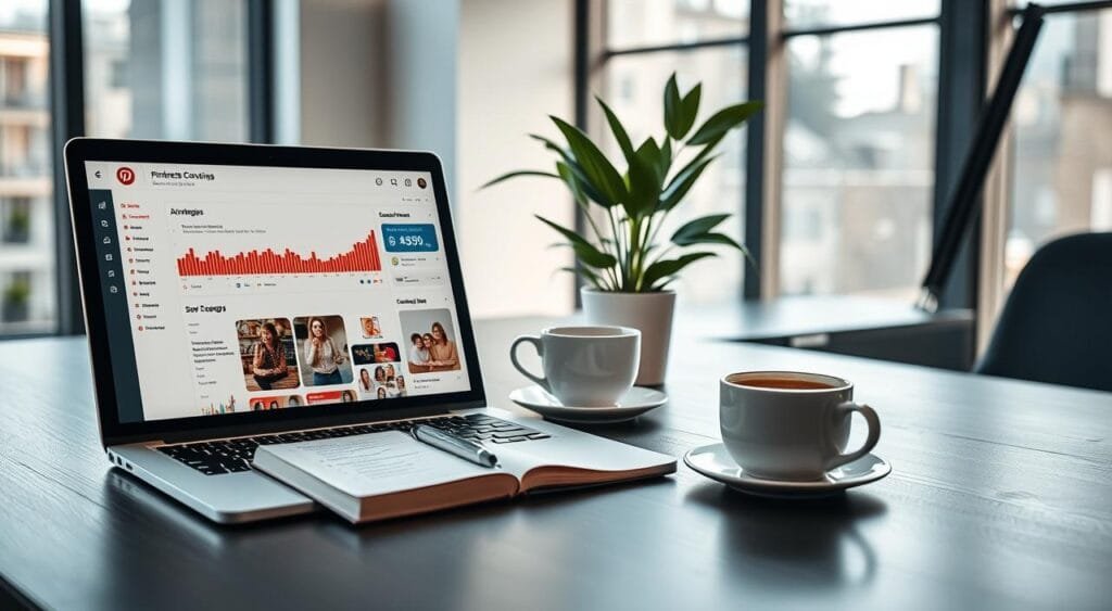 A modern office desk setup showcasing Pinterest conversion optimization. In the foreground, a laptop displays a Pinterest analytics dashboard with graphs, charts, and vibrant pins. Beside it, a notepad filled with notes on strategies for improving engagement. In the middle, a stylish plant adds a touch of greenery, while a cup of coffee steams invitingly. The background features a large window with natural daylight streaming in, enhancing the atmosphere of productivity. The scene is captured with a slight tilt from a mid-range angle, creating an inviting and dynamic sense of focus. The mood conveys professionalism, creativity, and analytical thinking, ideal for mastering Pinterest marketing.