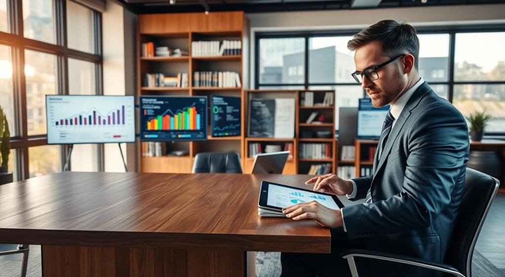 A modern office environment, featuring a sleek wooden desk illuminated by soft, diffused lighting from large windows. In the foreground, a professional financial advisor in a tailored suit analyzes graphs on a tablet and uses a laptop. The middle scene showcases digital screens displaying colorful charts and asset allocation strategies, incorporating neat infographics. In the background, bookshelves filled with financial literature and certifications, emphasizing expertise. The overall atmosphere is one of innovation and professionalism, conveying a sense of trust and clarity. The camera angle is slightly overhead, capturing the advisor's focused expression and the detailed digital displays, evoking a mood of strategic planning and advanced technology in investing.