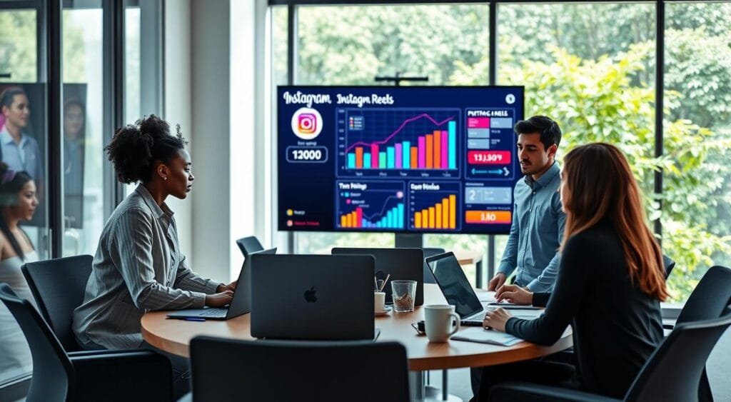 A modern office environment focused on analyzing social media performance. In the foreground, a diverse group of professionals (one Black woman, one Asian man, and one Hispanic woman) in smart casual attire are gathered around a large screen displaying vibrant graphs and charts related to Instagram Reels performance. In the middle ground, a circular conference table holds laptops, notepads, and coffee cups, conveying a collaborative atmosphere. The background features a large window with natural light streaming in, illuminating the room. The mood is focused and energetic, suggesting a brainstorming session aimed at enhancing viral content strategies. Soft focus on the background adds depth, with greenery visible outside, enhancing the overall lively, creative setting.