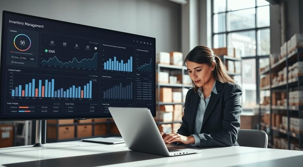 A modern office environment focusing on effective inventory management, featuring a sleek, digital dashboard displaying graphs and analytics related to stock levels, sales trends, and order tracking. In the foreground, a professional woman in smart business attire is analyzing data on a laptop, demonstrating engagement and focus. The middle ground shows shelves stocked with products, organized neatly. The background features a large window with natural light pouring in, creating an optimistic and productive atmosphere. Soft shadows enhance the depth of the scene, and a wide-angle perspective captures both the detailed dashboard and the orderly workspace. The mood is one of professionalism and efficiency, showcasing a seamless integration of technology in inventory management. A modern office environment focusing on effective inventory management, featuring a sleek, digital dashboard displaying graphs and analytics related to stock levels, sales trends, and order tracking. In the foreground, a professional woman in smart business attire is analyzing data on a laptop, demonstrating engagement and focus. The middle ground shows shelves stocked with products, organized neatly. The background features a large window with natural light pouring in, creating an optimistic and productive atmosphere. Soft shadows enhance the depth of the scene, and a wide-angle perspective captures both the detailed dashboard and the orderly workspace. The mood is one of professionalism and efficiency, showcasing a seamless integration of technology in inventory management.