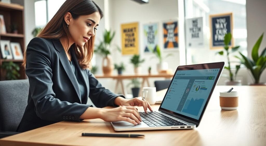 A modern office environment showcasing a professional woman in business attire focused on her laptop, crafting an email campaign. In the foreground, close-up on the laptop screen displaying visual analytics and automated email sequences. In the middle ground, a sleek desk with a notepad, coffee cup, and digital marketing materials. The background features a bright, dynamic workspace with plants and motivational posters, creating an inspiring atmosphere. Soft natural light filters in through large windows, enhancing the fresh and productive vibe. The scene is composed from a slightly elevated angle, emphasizing the interaction between the professional and her digital campaign tools, capturing the essence of email marketing automation.