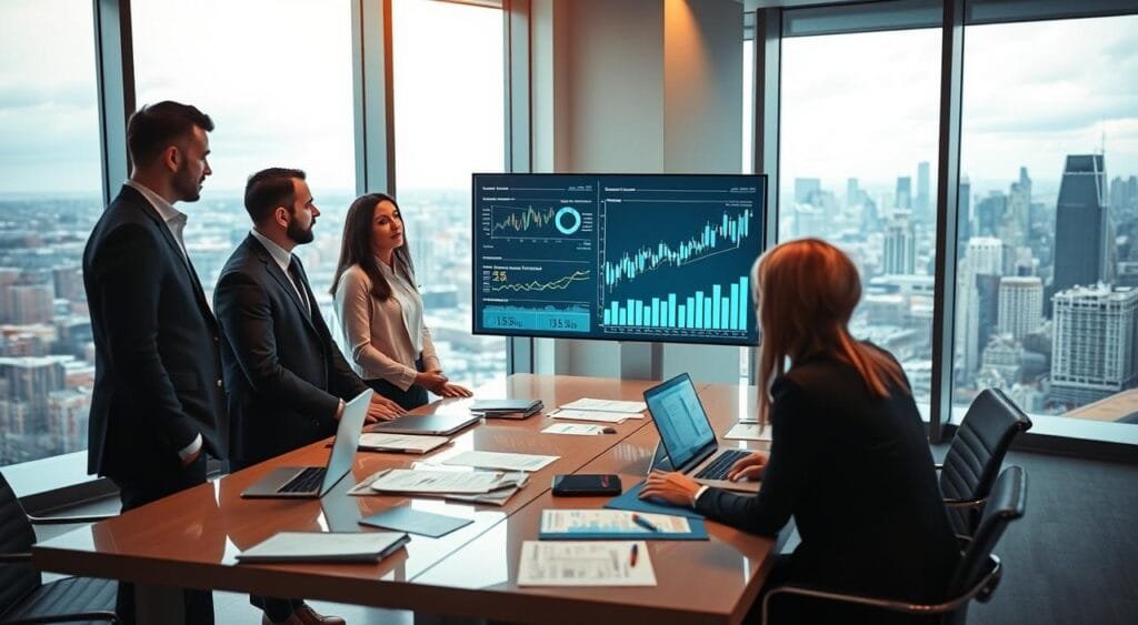 A modern office environment showcasing the role of technology in financial planning. In the foreground, a diverse group of three professionals in smart business attire, two men and one woman, are intently discussing data displayed on a sleek, large digital screen that shows financial graphs, charts, and analytics. The middle ground features high-tech devices like laptops and tablets along with documents scattered on a polished conference table. The background reveals a panoramic view of a bustling city skyline through large windows, with soft, natural light streaming in. The atmosphere is one of collaboration and innovation, with a focus on future possibilities in financial strategy, illuminated with warm, inviting lighting that enhances a sense of productivity and dynamism.