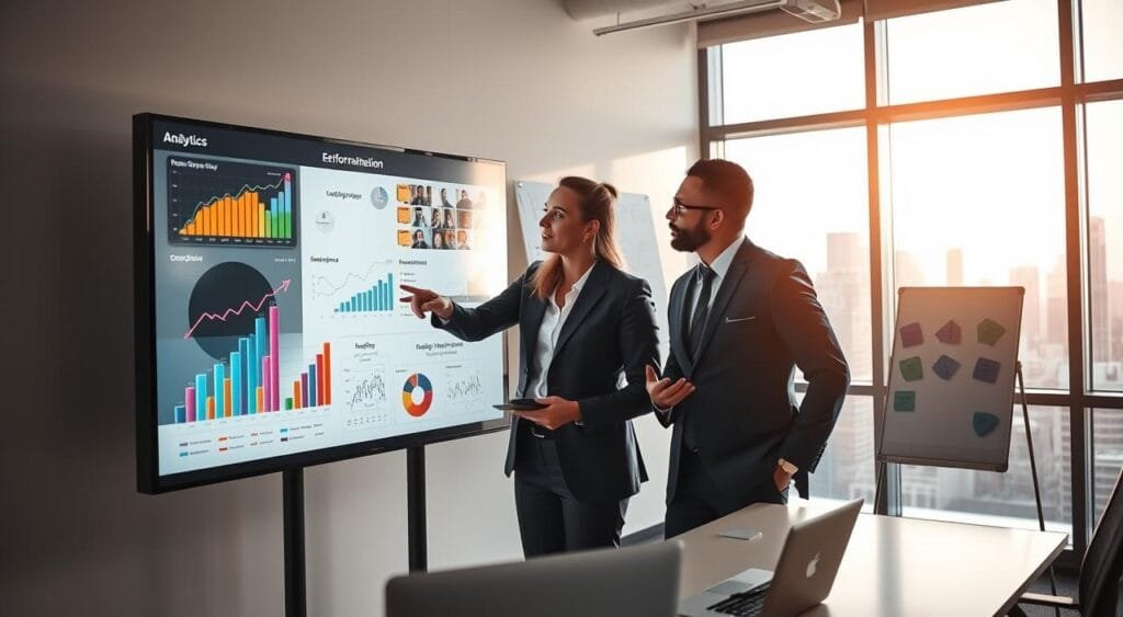A modern office environment with a focus on digital advertising analytics. In the foreground, a diverse team of professionals—two men and one woman—reviewing vibrant charts and graphs on a large screen, all dressed in smart business attire. The woman is pointing to a detailed performance metric, while the men are engaged in discussion, showcasing collaboration. In the middle ground, a whiteboard filled with brainstorming notes and sticky notes highlights campaign strategies. The background features a sunlit window with a view of a city skyline, giving a sense of optimism and success. Soft, natural lighting enhances the atmosphere, creating an inspiring and professional mood. A modern office environment with a focus on digital advertising analytics. In the foreground, a diverse team of professionals—two men and one woman—reviewing vibrant charts and graphs on a large screen, all dressed in smart business attire. The woman is pointing to a detailed performance metric, while the men are engaged in discussion, showcasing collaboration. In the middle ground, a whiteboard filled with brainstorming notes and sticky notes highlights campaign strategies. The background features a sunlit window with a view of a city skyline, giving a sense of optimism and success. Soft, natural lighting enhances the atmosphere, creating an inspiring and professional mood.