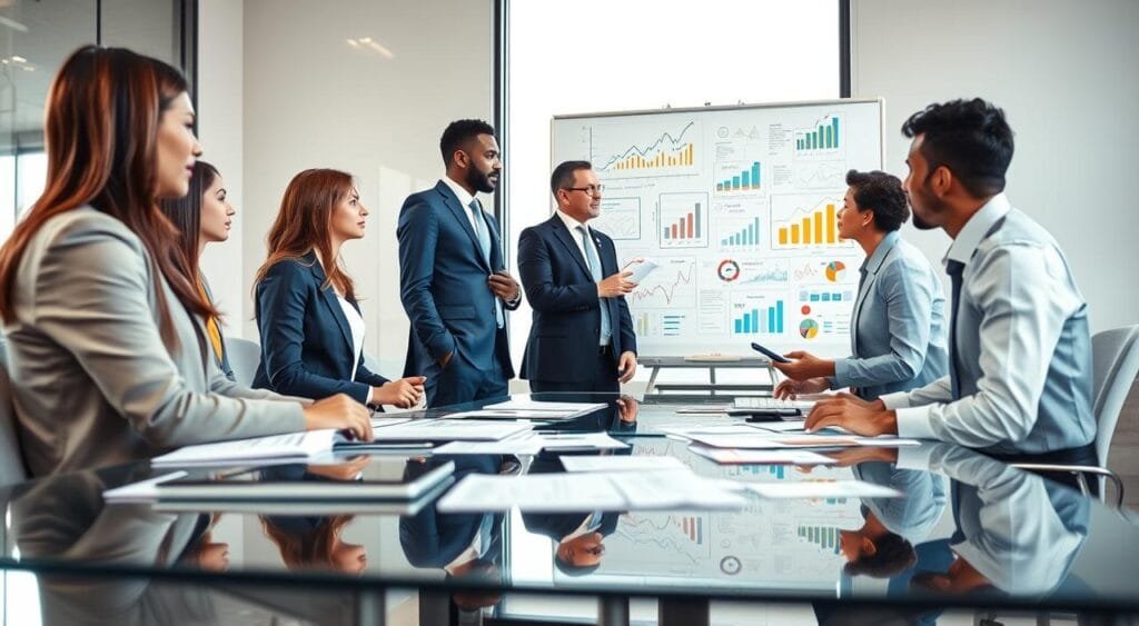 A modern office setting depicting a diverse group of professionals in business attire, deeply engaged in a discussion about investment strategies. In the foreground, a sleek, glass conference table is scattered with financial reports and digital devices, symbolizing careful planning. In the middle ground, a whiteboard filled with colorful charts and graphs illustrates various investment options like stocks, real estate, and mutual funds. The background features a large window, allowing natural light to flood the space, enhancing a productive atmosphere. The mood is focused and optimistic, reflecting ambition and collaboration. The image is captured from a slightly elevated angle, adding depth and perspective while showcasing the dynamic interaction among the team members. A modern office setting depicting a diverse group of professionals in business attire, deeply engaged in a discussion about investment strategies. In the foreground, a sleek, glass conference table is scattered with financial reports and digital devices, symbolizing careful planning. In the middle ground, a whiteboard filled with colorful charts and graphs illustrates various investment options like stocks, real estate, and mutual funds. The background features a large window, allowing natural light to flood the space, enhancing a productive atmosphere. The mood is focused and optimistic, reflecting ambition and collaboration. The image is captured from a slightly elevated angle, adding depth and perspective while showcasing the dynamic interaction among the team members.
