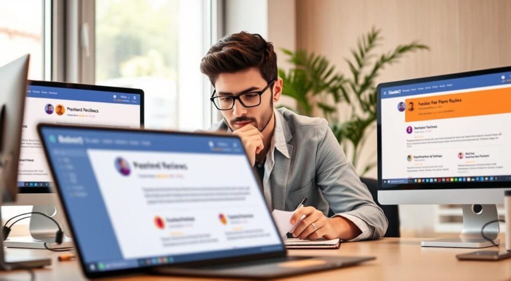 A modern office setting featuring a business professional in smart casual attire, sitting at a desk surrounded by computer screens displaying colorful online reviews. The foreground shows a close-up of the laptop screen with highlighted positive and constructive feedback in vibrant speech bubble icons, symbolizing the essence of customer engagement. In the middle, the professional is thoughtfully responding to the reviews, with a focused expression and a notepad for notes. The background features soft, natural lighting from a nearby window, enhancing the welcoming atmosphere. A plant adds a touch of freshness to the scene, blending professionalism with a hint of warmth. The overall mood conveys diligence and positivity in customer relationship management.