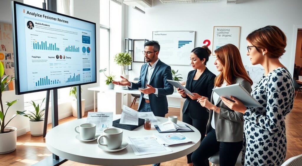 A modern office setting featuring a diverse group of professionals analyzing online reviews displayed on a large screen. In the foreground, a Black woman in business attire takes notes while studying a laptop, with graphs and charts visible on the screen. Beside her, an Asian man gestures toward the screen, pointing out key insights, while a Caucasian woman analyzes feedback on a tablet. In the middle ground, a round table filled with coffee cups and documents showcases data reports and printouts of customer testimonials. The background reveals a bright, open workspace with motivational posters and plants, enhanced by natural light filtering through large windows, creating an atmosphere of collaboration and innovation. The mood is focused and engaged, conveying the importance of data-driven decision-making for business growth.