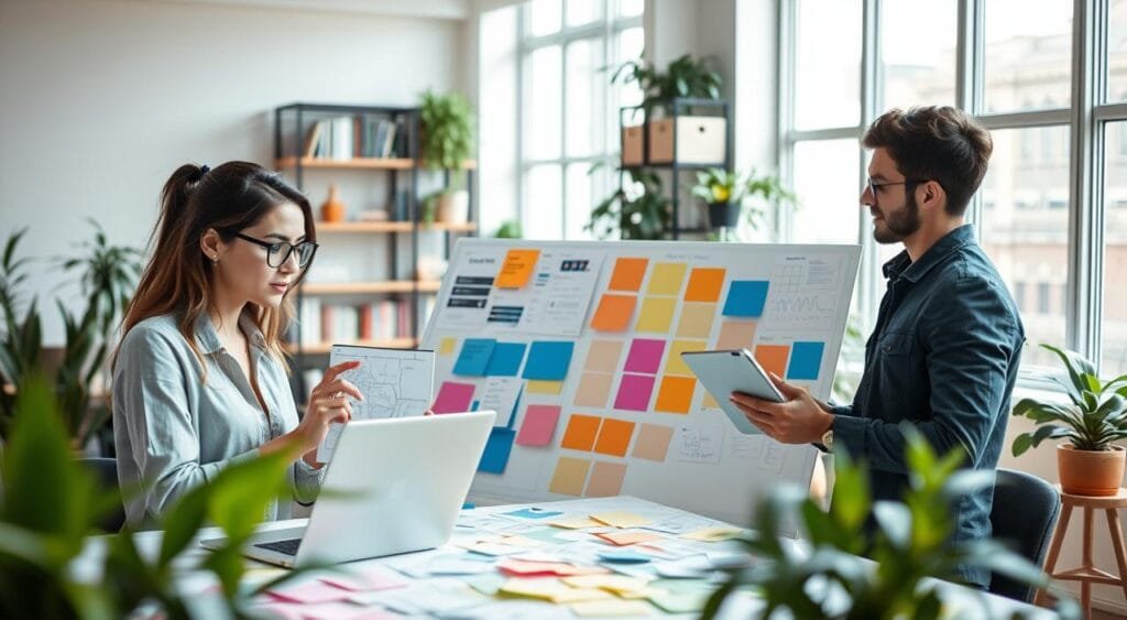 A modern office setting featuring a freelance UX designer and a freelance UI designer collaborating on projects. In the foreground, focus on a young woman with glasses and a laptop, sketching wireframes, and a young man with a tablet, discussing color palettes on a large design board. Both are dressed in smart casual attire, exuding professionalism. In the middle ground, show a vibrant workspace with sticky notes and design mockups scattered around, highlighting their creative process. The background includes shelves filled with design books and plants, adding a touch of greenery. Soft, natural daylight filters through large windows, creating an inspiring and productive atmosphere. The image conveys a mood of creativity and partnership, ideal for illustrating design collaboration.