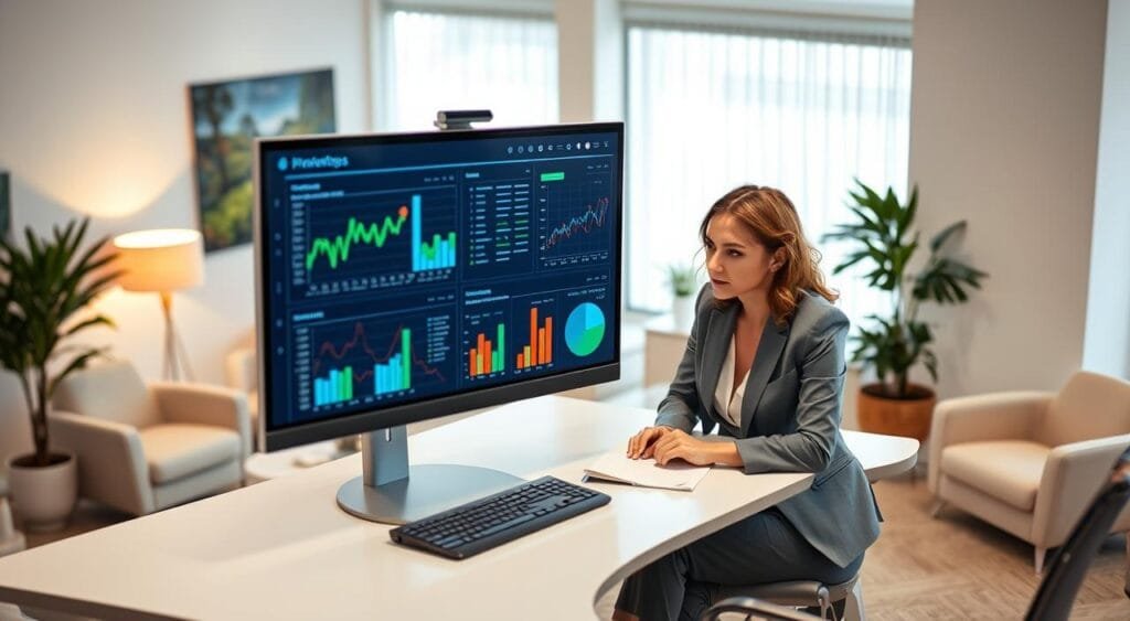 A modern office setting featuring a sleek, high-tech desk with dual monitors displaying visual data analytics related to website performance. In the foreground, a professional woman in smart business attire, intently analyzing the screens, her expression focused and engaged. The middle of the scene highlights colorful graphs and charts on the monitors, showcasing key performance metrics with vivid colors like blue, green, and orange for emphasis. In the background, a soft, inviting workspace is visible, with contemporary decor and soft lighting that creates a productive atmosphere. The angle is slightly overhead, capturing both the subject's engagement and the detailed data on the screens, conveying a sense of motivation and professionalism in setting up alerts and notifications for performance tracking.