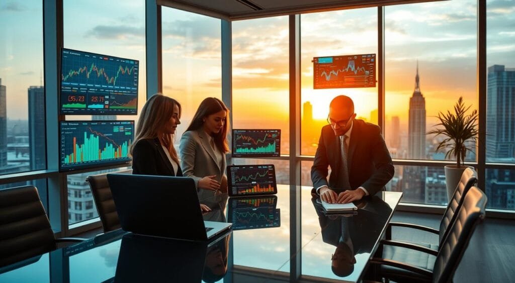 A modern office setting focused on investment portfolio management. In the foreground, a diverse group of three professionals, two women and one man, dressed in smart business attire, are gathered around a sleek, glass conference table. They are intently discussing digital charts and graphs displayed on a laptop, showcasing vibrant investment trends. The middle layer includes floating screens with colorful visualizations of stock markets and financial data. In the background, large windows reveal a city skyline during sunset, casting warm golden light into the room. The atmosphere is dynamic and professional, conveying a sense of urgency and collaboration in strategic investment decisions. Use a wide-angle lens to capture the collaborative spirit of the team.