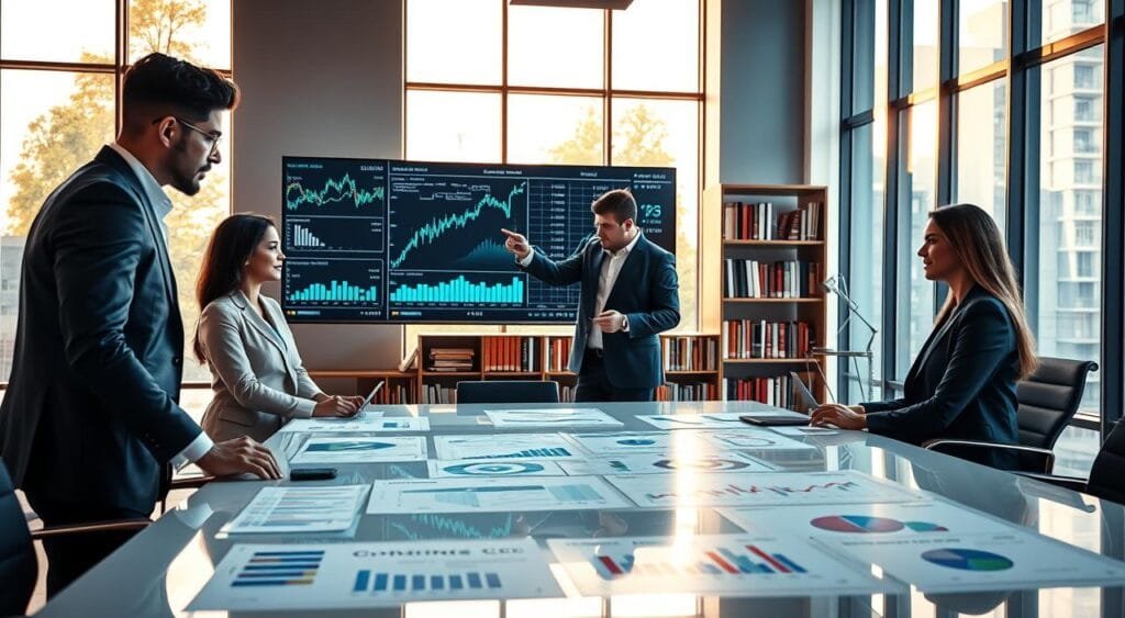 A modern office setting serves as the backdrop, bathed in warm, natural lighting from large windows. In the foreground, a diverse group of three professionals, dressed in smart business attire, are engaged in a focused discussion around a sleek conference table covered with charts and graphs depicting portfolio optimization strategies. One person points to a large digital screen displaying fluctuating stock market graphs and performance metrics. In the middle ground, shelves lined with finance books suggest a culture of continuous learning. The atmosphere is dynamic and collaborative, emphasizing the importance of staying informed and educated in investment strategies. The image is captured from a slightly elevated angle to create depth, inviting the viewer into the scene.