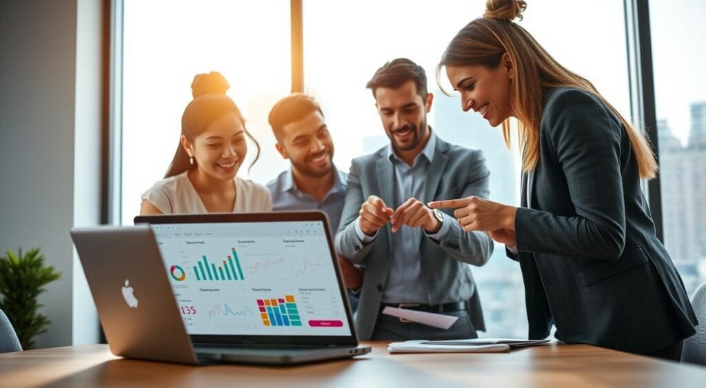A modern office setting showcasing a diverse group of three professionals, including a woman of Asian descent, a man of Black descent, and a woman of Caucasian descent, engaged in a lively discussion over a laptop displaying analytical PPC graphs and charts. The foreground features the laptop, open with colorful data visualizations, while the middle ground shows the team collaborating, taking notes, and pointing at the screen. The background reveals a large window with natural light pouring in, highlighting a city skyline. Use a bright and inviting color palette, with soft shadows to create a dynamic and motivated atmosphere. The composition should evoke teamwork and strategic planning, captured from a slightly elevated angle for an engaging perspective.