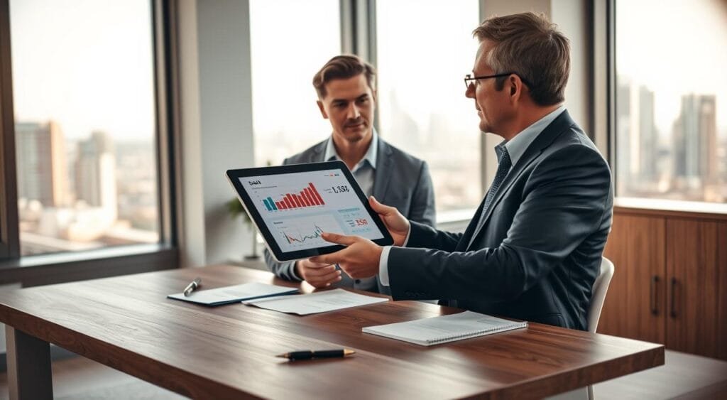 A modern office setting showcasing a financial advisor and a client engaged in discussion. In the foreground, the advisor, dressed in a tailored suit, confidently points at a digital tablet displaying graphs and charts related to debt management. The client, in smart casual attire, listens attentively, taking notes. The middle ground features a sleek wooden desk adorned with financial documents and a stylish pen, emphasizing organization. In the background, a large window reveals a city skyline, bathed in soft, natural sunlight, casting a warm glow throughout the room. The atmosphere is professional yet inviting, suggesting trust and collaboration, ideal for the theme of managing debt for future wealth. The image should have a slightly blurred effect at the edges to bring focus to the foreground details.