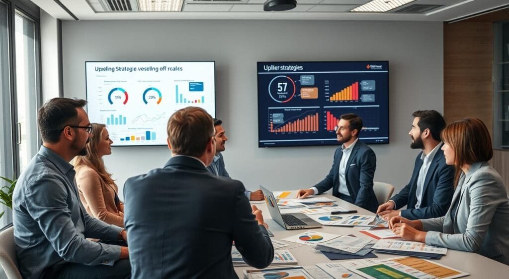 A modern office setting showcasing a professional meeting focused on upselling strategies. In the foreground, a diverse group of business professionals, dressed in business attire, are engaged in discussion around a large table laden with charts, graphs, and colorful brochures illustrating product offerings. The middle ground features a large screen displaying a visually appealing presentation with data analytics on sales performance and customer satisfaction. In the background, a bright window allows natural light to flood the room, enhancing the collaborative atmosphere. The mood is dynamic and focused, conveying an air of innovation and teamwork, captured from a slightly elevated angle to provide a comprehensive view of the engagement and interactions among the professionals.