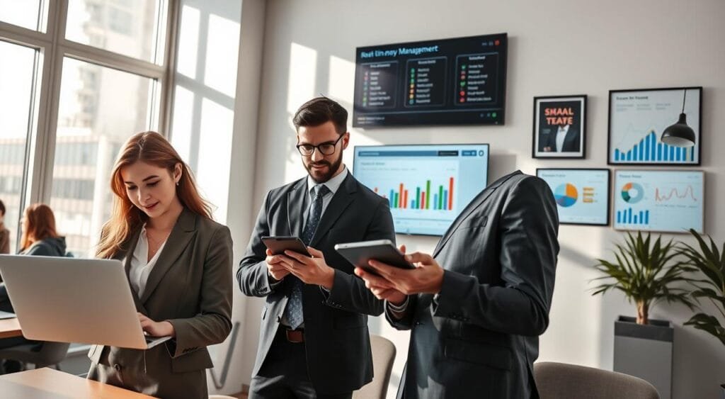 A modern office setting with a diverse group of professionals engaged in financial management using technology. In the foreground, a confident woman in smart business attire analyzes data on a sleek laptop, while a man beside her reviews graphs displayed on a tablet. In the middle ground, a wall-mounted screen showcases real-time financial dashboards with colorful charts and analytics. The background features a motivational wall with framed images of teamwork and success. Soft, natural light streams through large windows, casting gentle shadows, creating a professional and collaborative atmosphere. The overall mood is focused and dynamic, emphasizing the integration of technology in smart money management. The camera angle is slightly elevated, providing a clear view of the workspace and individuals actively engaged in their tasks.