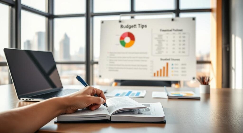 A modern office setup featuring a stylish, organized desk with a laptop, a notepad, and colorful financial graphs. In the foreground, a hand is shown writing budgeting tips in a notebook. The middle layer showcases a large, well-lit whiteboard with a pie chart and bullet points outlining a budget framework. The background includes a window with a view of a city skyline, suggesting an inspiring environment for online income generation. Soft, natural lighting floods the room, creating a warm and motivating atmosphere. The scene is captured from a slightly elevated angle, emphasizing the clarity and organization of the budgeting tools displayed.