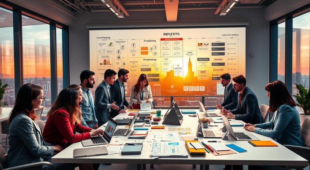 A modern office space bustling with creativity and innovation. In the foreground, a diverse group of entrepreneurs, dressed in professional business attire, collaborates around a sleek table scattered with marketing materials, laptops, and digital devices displaying dropshipping websites. The middle ground features a colorful whiteboard filled with diagrams, marketing strategies, and flowcharts illustrating dropshipping concepts. In the background, a large window offers a vibrant city skyline at sunset, casting warm golden light across the room, enhancing the atmosphere of motivation and opportunity. The scene conveys a sense of teamwork, focus, and the excitement of starting a dropshipping business, inviting beginners to consider innovative marketing approaches.