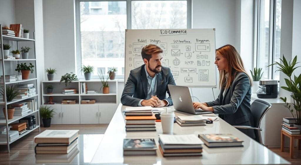 A modern office space dedicated to e-commerce blogging, set against a bright, airy backdrop of large windows letting in natural light. In the foreground, a professional man and woman, dressed in smart casual attire, sit at a sleek desk, collaborating on a laptop while surrounded by e-commerce themed books and notes. In the middle ground, a whiteboard filled with SEO strategies and sketches of an ideal blog layout adds focus to their discussion. The background features shelves stacked with digital marketing resources, potted plants, and a coffee station, creating a vibrant, productive atmosphere. The lighting is soft yet bright, accentuating a sense of creativity and innovation, urging viewers to envision the growth potential of an engaging e-commerce blog.